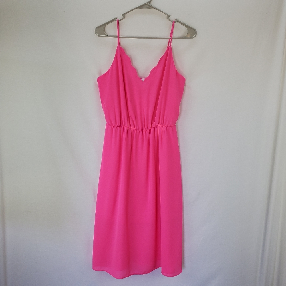 Socialite Hot Pink Spaghetti Strap Scalloped V-Neck Dress